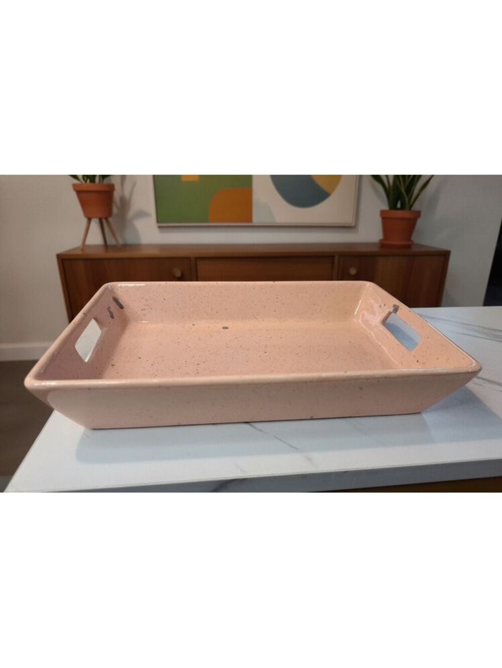 VTG Mid-Century Modern Pink Speckled Ceramic Tray w/ Handle Cutouts 7.5"x 10.5"